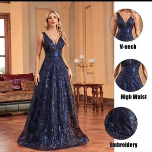 Blue Embroidered,  V Neck, Empire, Tulle,  Gown